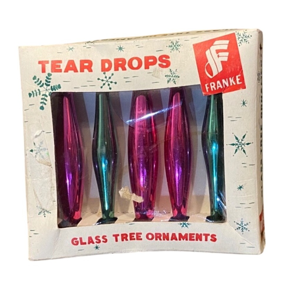 Vintage Franke Tear Drops Glass Tree Ornaments Pink Teal Set of 5 Japan 4040 - Picture 2 of 9